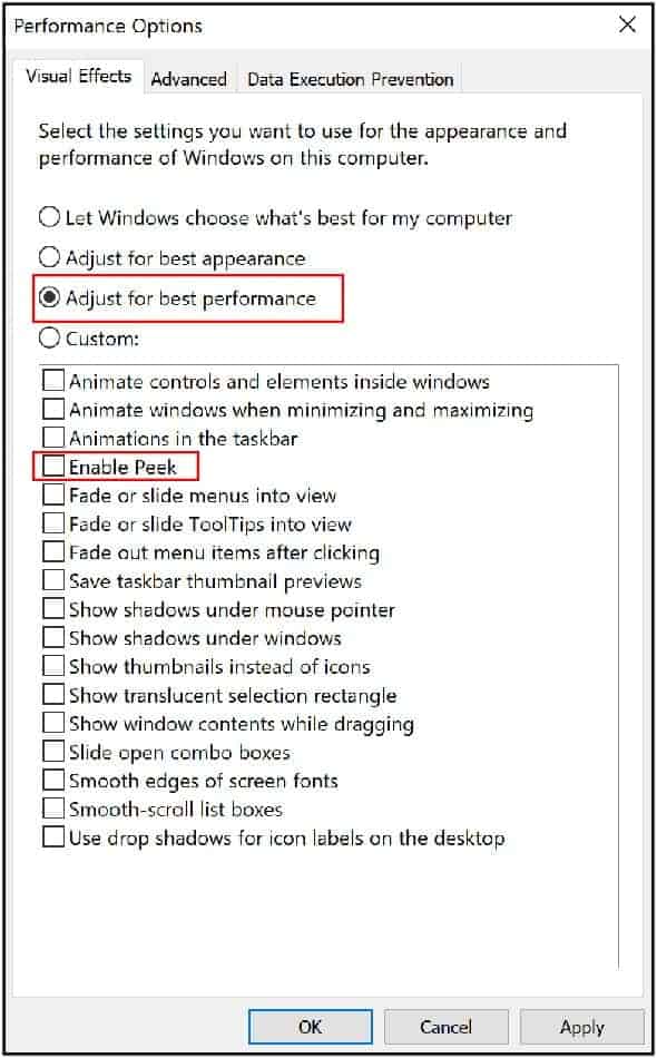 In the Performance section, click on Settings.
Select the Adjust for best performance option or manually uncheck specific visual effects.