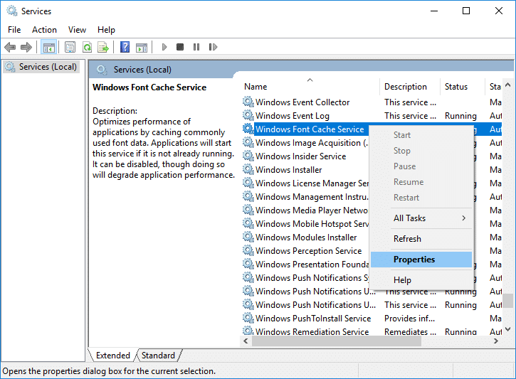 In the Services window, find Windows Presentation Foundation Font Cache 3.0.0.0.
Right-click on it and choose Properties.