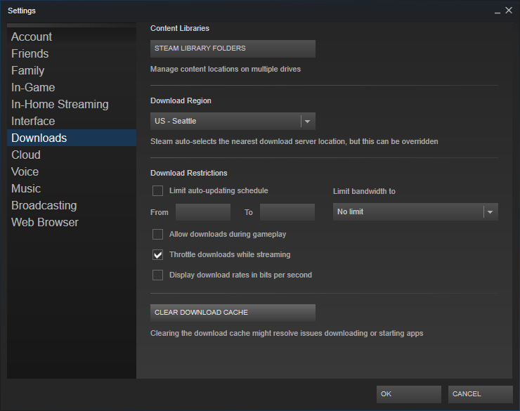 In the Settings window, click on the "Downloads" tab.
Click on the "Clear Download Cache" button.
