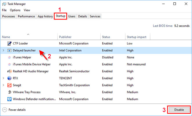 In the Startup tab of the Task Manager, disable all startup items by right-clicking on each item and selecting Disable.
Close the Task Manager and go back to the System Configuration window.