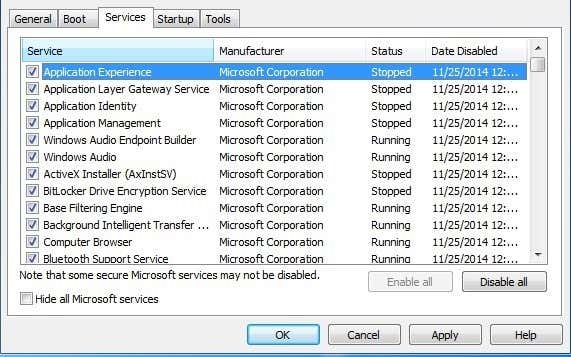 In the System Configuration window, navigate to the Services tab.
Check the Hide all Microsoft services box.