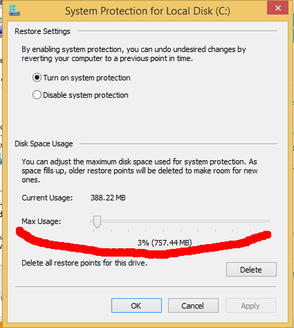 In the System Protection settings, select the Turn on system protection option.
Adjust the Max Usage slider to allocate the desired amount of disk space for system protection.