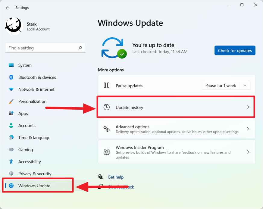 In the Update & Security settings, click on Windows Update in the left sidebar.
Click on the Check for updates button to search for available updates.