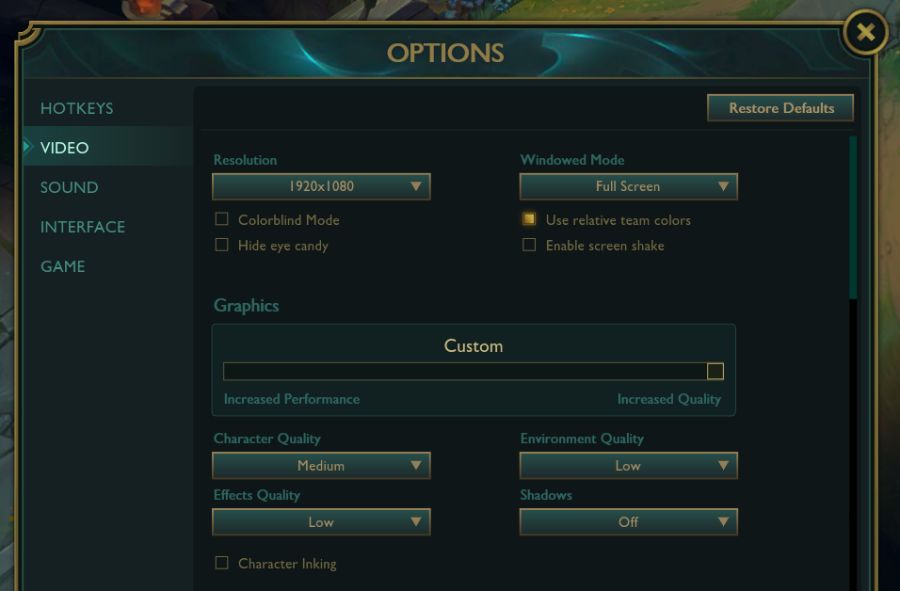 Launch League of Legends and go to the settings menu.
Lower graphics settings, such as resolution and shadows, to reduce the strain on your system.