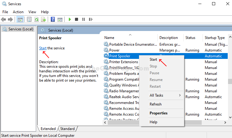 Locate the Print Spooler service in the list.
Right-click on it and select Restart.