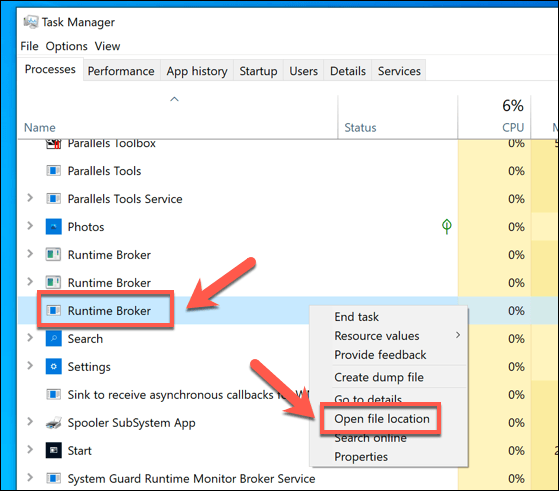 Locate the RuntimeBroker.exe process in the list of processes.
Right-click on the RuntimeBroker.exe process.