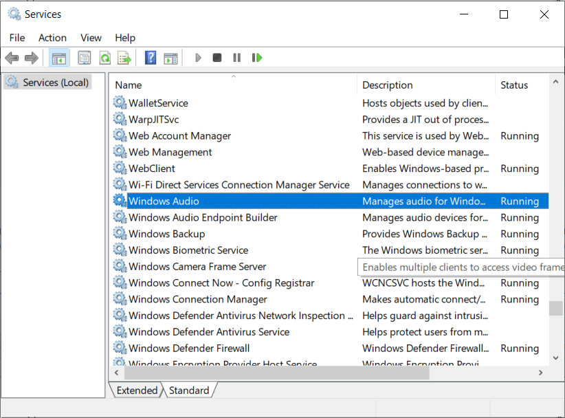 Locate Windows Audio, Windows Audio Endpoint Builder, and Plug and Play services in the list.
Right-click on each of these services and select Restart.