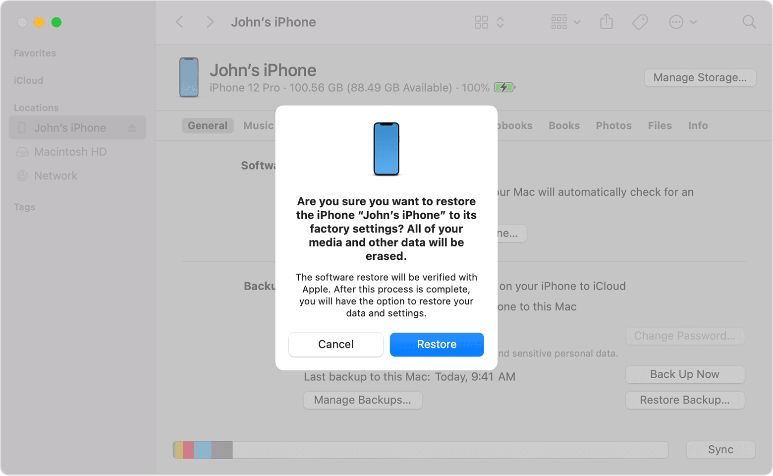 Make sure you have a recent backup of your iPhone as restoring it will erase all data and settings.
Connect your iPhone to your computer and open iTunes.