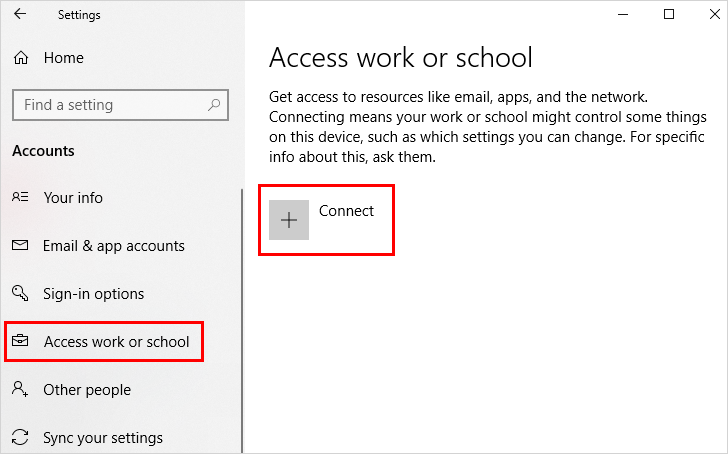 On the left-hand side, select Access work or school.
Under the "Connect to work or school" section, locate your Azure Active Directory account and click on it.