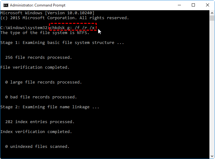 Open Command Prompt as an administrator.
Type chkdsk C: (replace "C:" with the appropriate drive letter) and press Enter.