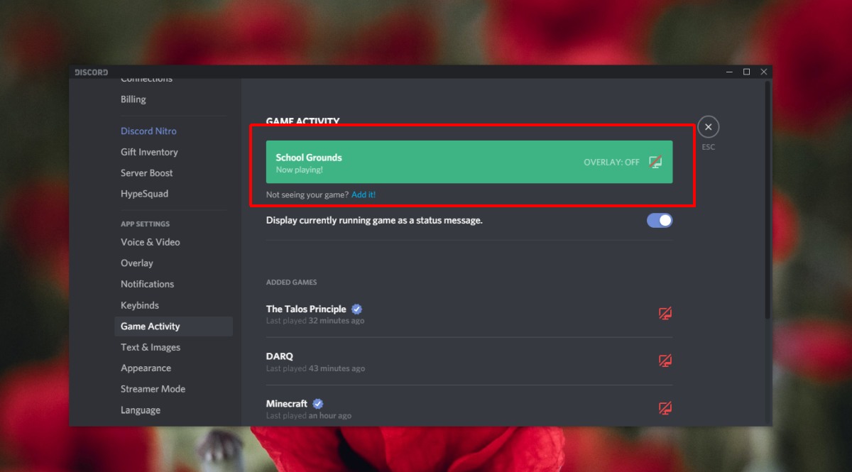 Open Discord and access User Settings.
Go to the "Game Activity" tab on the left-hand side.