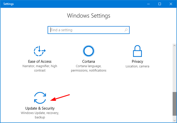 Open Settings by pressing the Windows key + I on your keyboard.
Click on Update & Security.