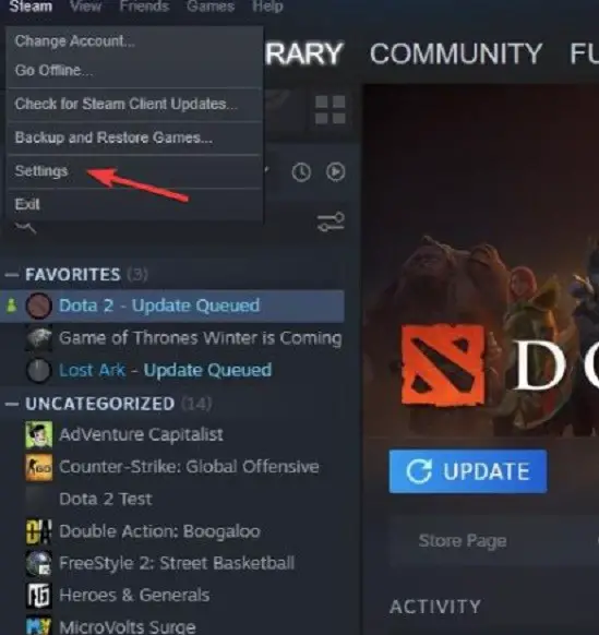Open Steam and click on Steam in the top-left corner.
Select Settings from the dropdown menu.
