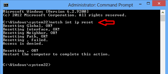 Open the Command Prompt.
Type "netsh int ip reset" and press Enter.