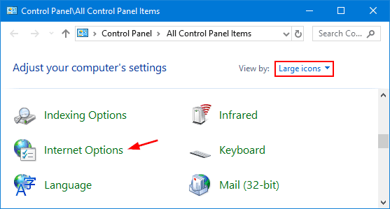 Open the Control Panel.
Click on "Internet Options".