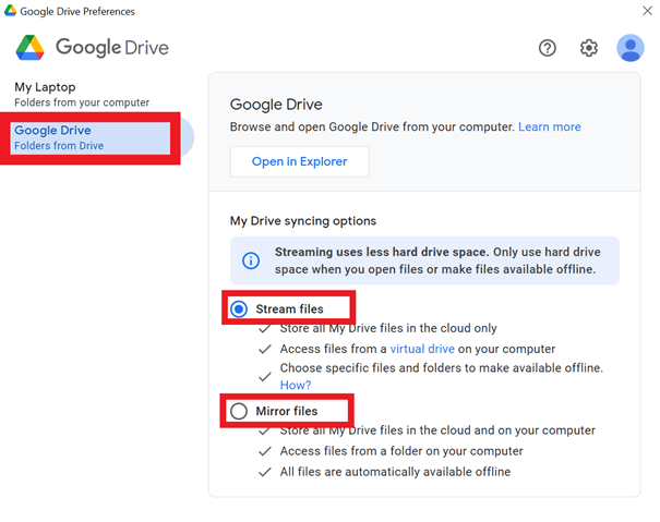 Open the Google Drive File Stream application.
Click on the three vertical dots in the upper-right corner of the window and select "Preferences".