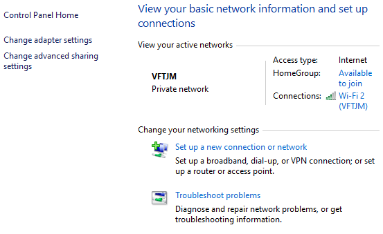 Open the Network and Sharing Center from the Control Panel.
Click on your active network connection.