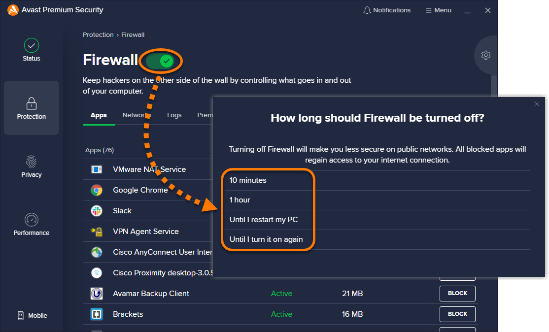 Open the Settings of your antivirus/firewall software
Temporarily disable or turn off the antivirus/firewall