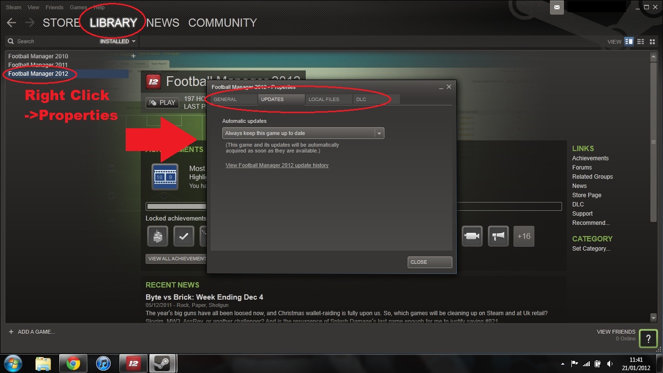 Open the Steam client and go to the "Library" tab.
Right-click on the game that is experiencing the update issue and select "Properties" from the context menu.