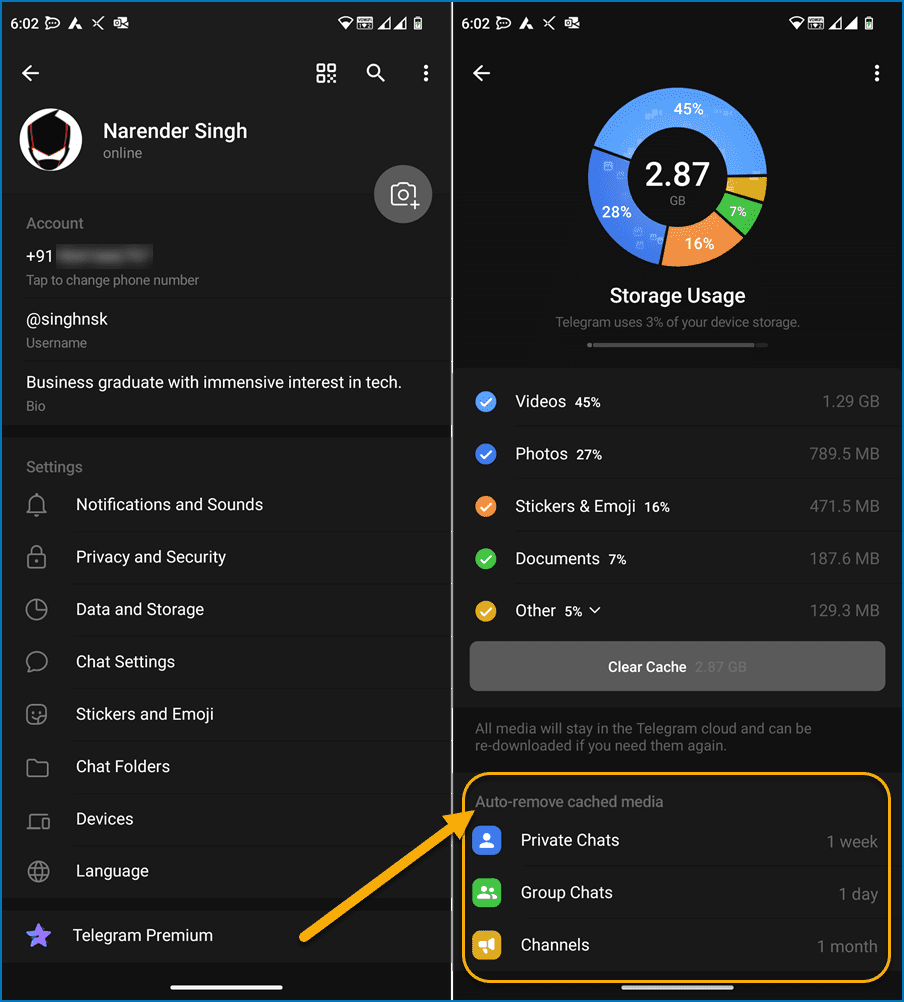 Open the Telegram settings menu.
Select "Data and Storage".