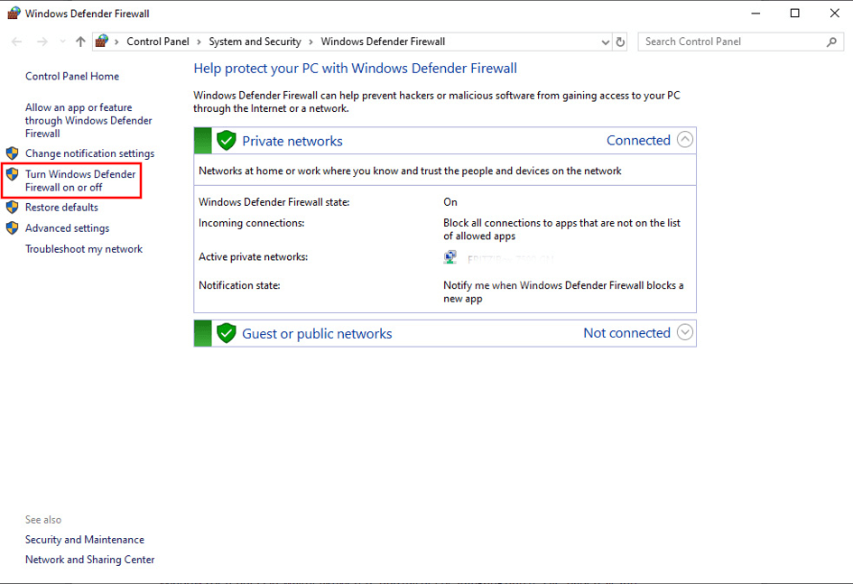 Open the Windows Firewall settings.
Disable the Windows Firewall temporarily.