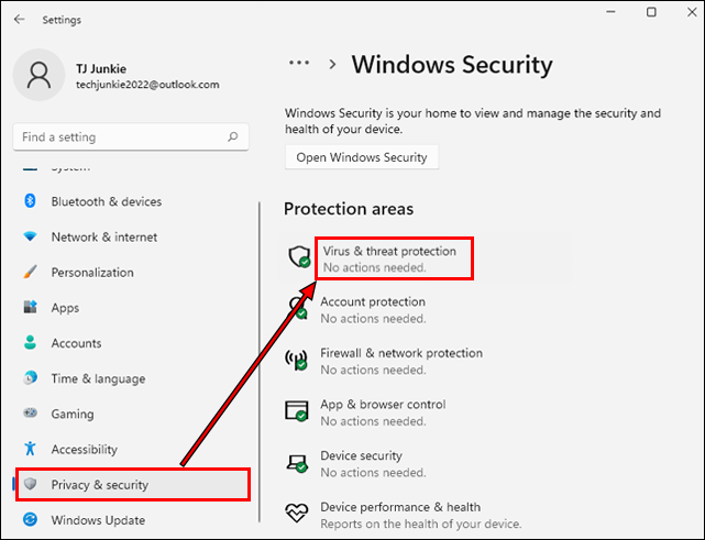 Open Windows Security by clicking on the Start button and selecting it from the menu.
Click on Virus & Threat Protection and then select Quick Scan.