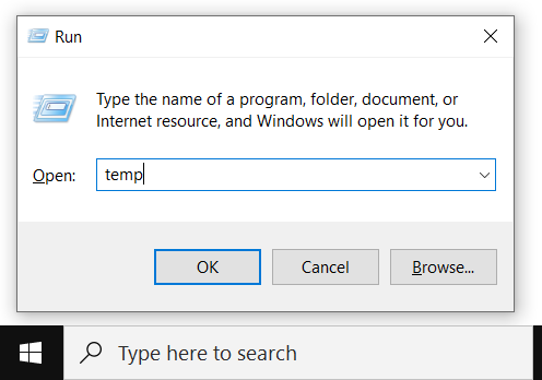 Remove temporary files that may be interfering with the installation process.
Press Windows Key + R to open the Run dialog box, type %temp%, and press Enter.