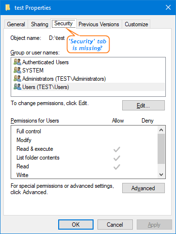 Right-click on the folder, select Properties, and go to the Security tab.
Click on Advanced.