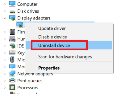 Right-click on the graphics card and select Uninstall device.
Follow the on-screen prompts to uninstall the driver.