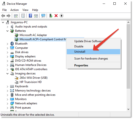 Right-click on the Microsoft ACPI-Compliant Control Method Battery option and select Update driver.
Choose the option to Search automatically for updated driver software.
