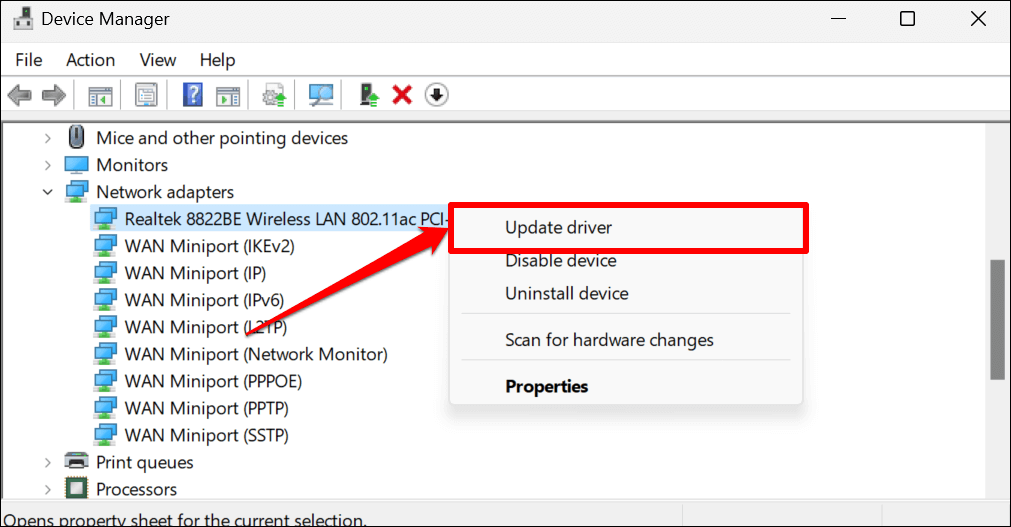 Right-click on the network adapter causing the problem and choose Update driver.
Select the option to Search automatically for updated driver software.