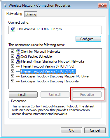 Right-click on the network adapter you are using and select Properties.
In the Properties window, select Internet Protocol Version 4 (TCP/IPv4) and click on Properties.