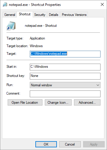 Right-click on the newly created shortcut and select Properties.
In the Shortcut tab, click on the Advanced... button.