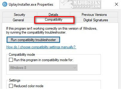 Right-click on the shortcut and select "Properties."
In the Properties window, go to the "Compatibility" tab.