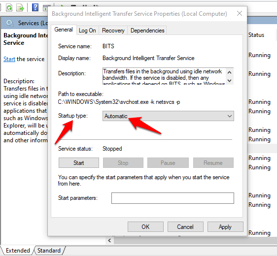 Right-click on the Windows Update service and select Properties.
In the Properties window, make sure the Startup type is set to Automatic.