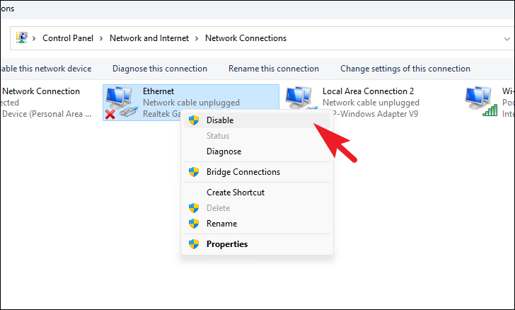 Right-click on your active network connection and select Disable.
Wait for a few seconds, right-click again and select Enable.