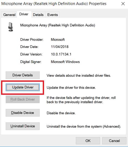 Right-click on your microphone device and select "Update driver" from the context menu.
Choose the option to automatically search for updated driver software.
