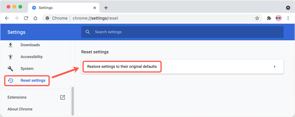 Scroll down again and click on Restore settings to their original defaults.
Click on Reset settings to confirm.