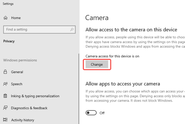 Scroll down and ensure that the toggle switch for the Camera access for this device is also turned On.
Close the Settings app and open the Camera app to see if the error code is resolved.