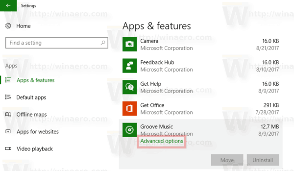Scroll down and find "Groove Music Player" in the list of installed apps.
Click on it and then click on the "Advanced options" link.