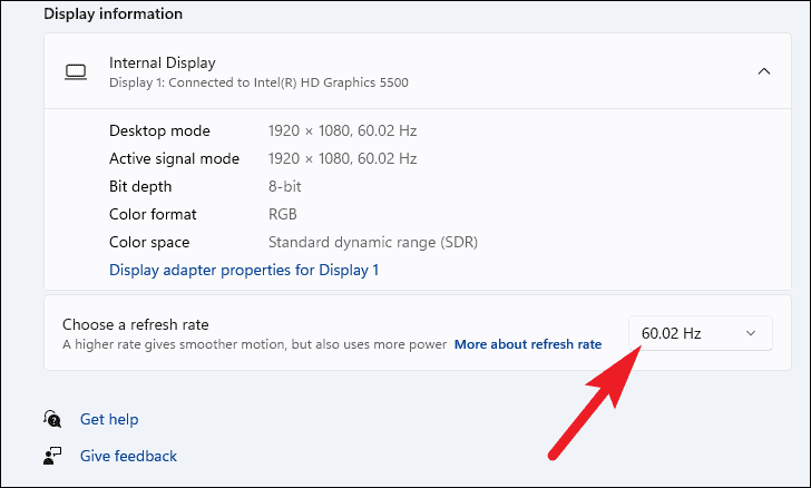 Select a different Screen refresh rate from the dropdown menu.
Click Apply and then OK to save the changes.