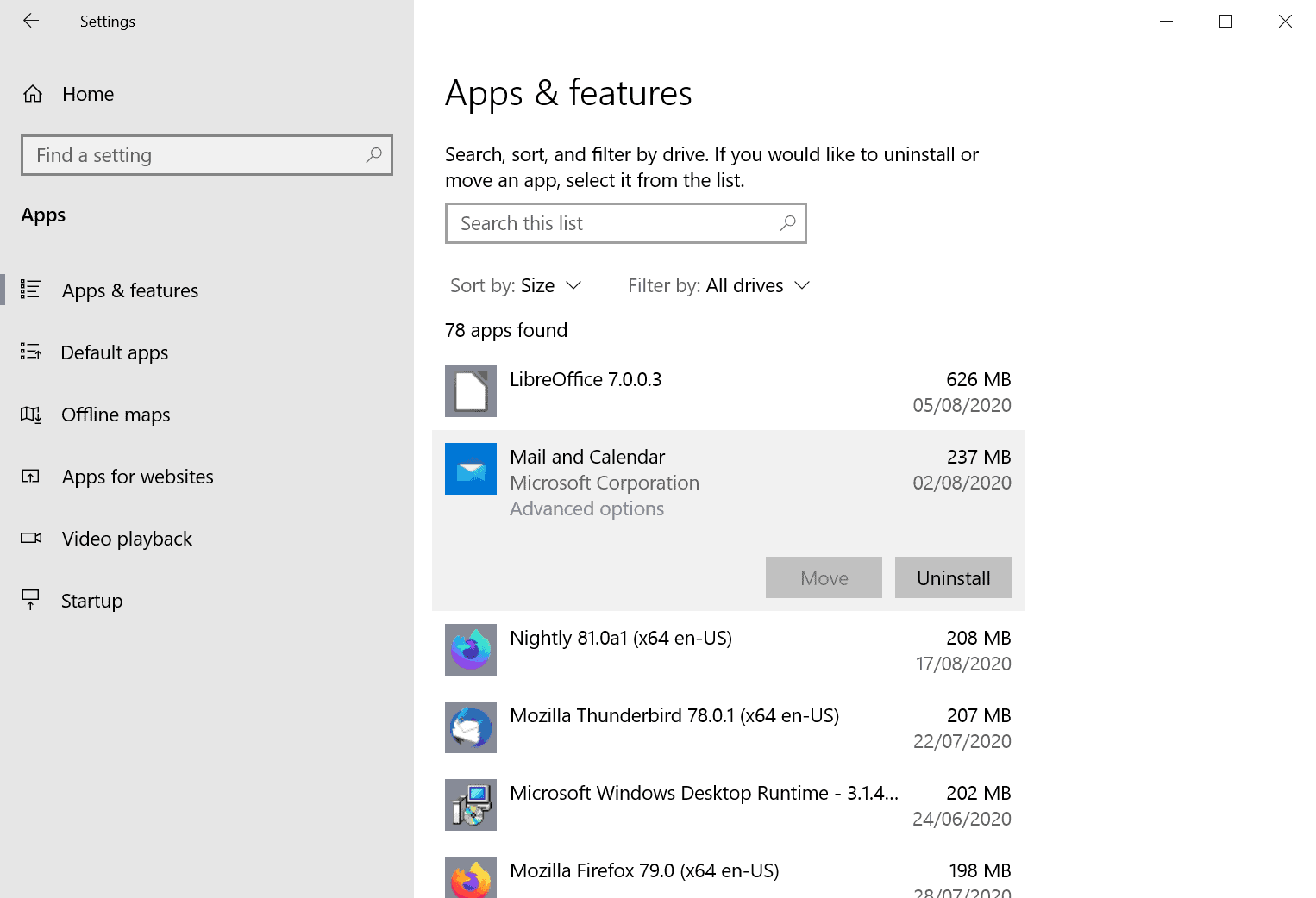 Select "Apps" and then click on "Apps & features".
Scroll through the list of installed programs and select the conflicting software.