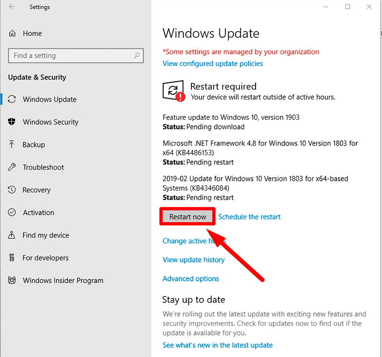 Select "Check for updates".
If updates are available, let them install and restart your computer.
