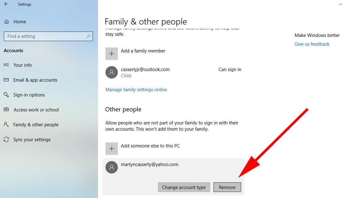 Select Family & other users from the left panel.
Click on Add someone else to this PC under Other users.