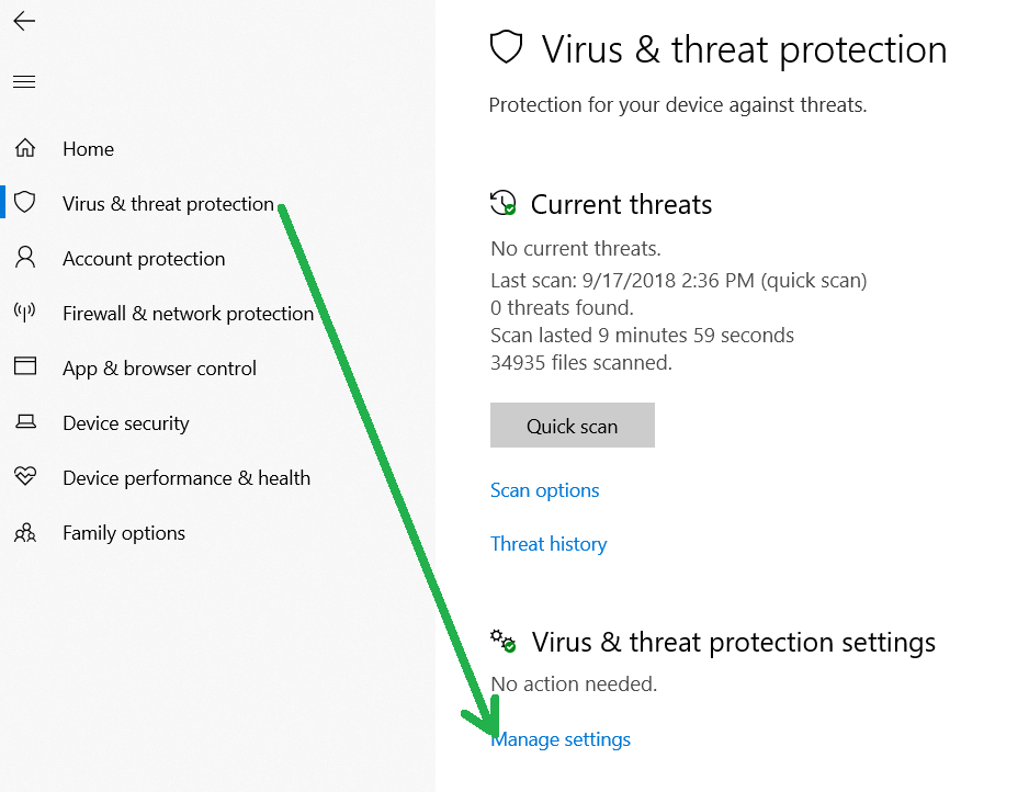 Select Manage settings under the Virus & threat protection settings section.
Toggle off the switch for your third-party antivirus software.