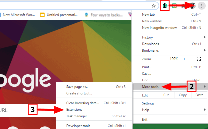 Select "More tools" from the drop-down menu.
Click on "Extensions" to access the browser extensions.