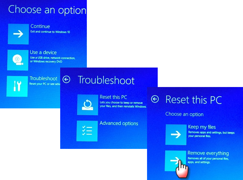 Select "Reset and remove everything".
Follow the on-screen instructions to complete the factory reset process.