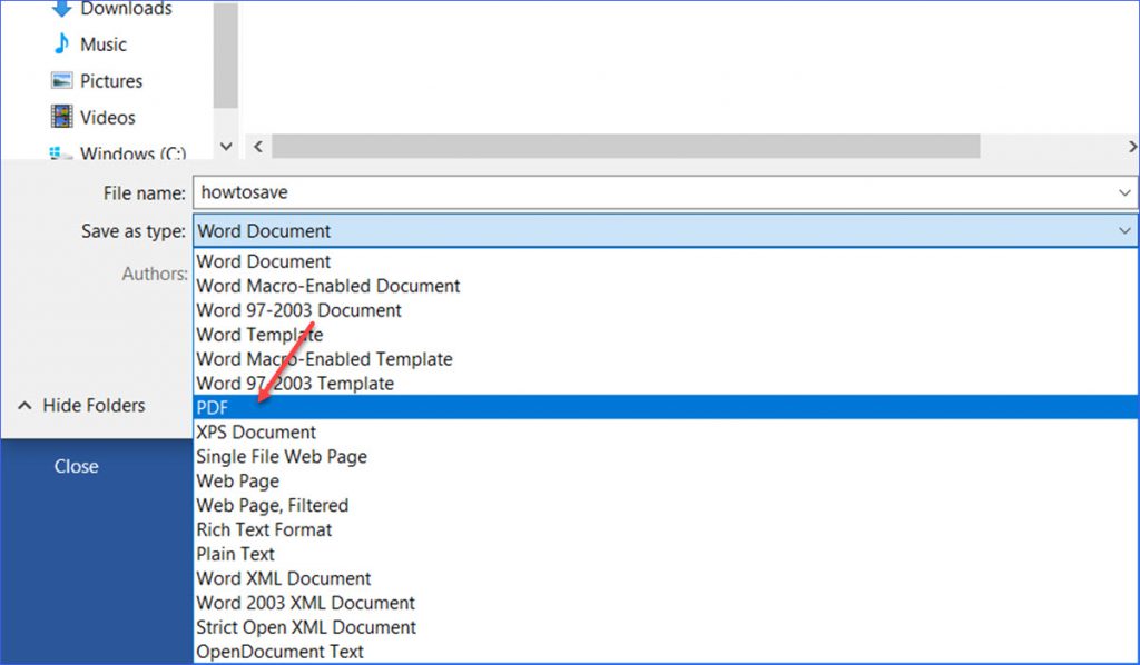 Select Save As from the drop-down menu.
Choose a different file format, such as XPS or Word.