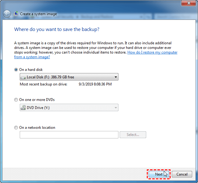 Select the drives you want to include in the system image backup.
Click on Start backup to initiate the system image backup process.