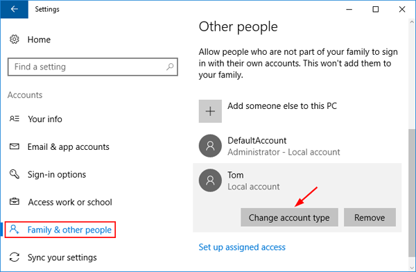 Select the newly created account under Other users.
Click on Change account type.